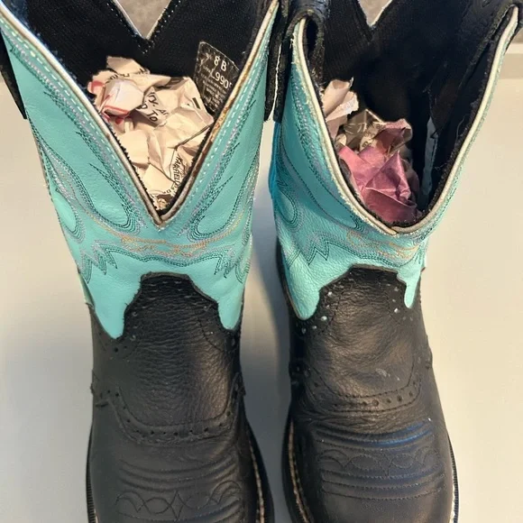JUSTIN GYPSY COWBOY WESTERN BOOTS TURQUOISE /BLACK LEATHER SIZE 8 JUST BROKEN IN - Picture 6 of 7